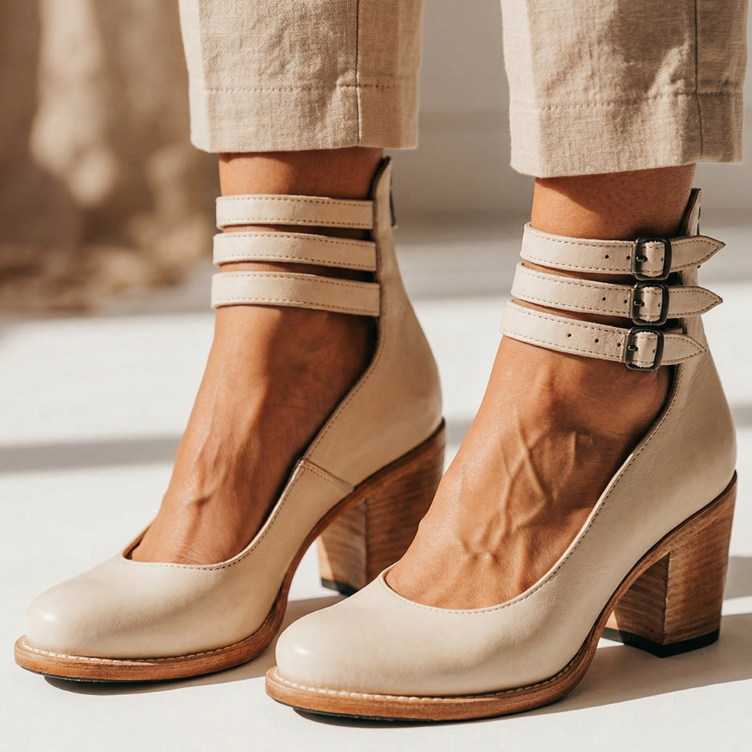 Cream leather heeled ankle boots with two buckle straps and block heel