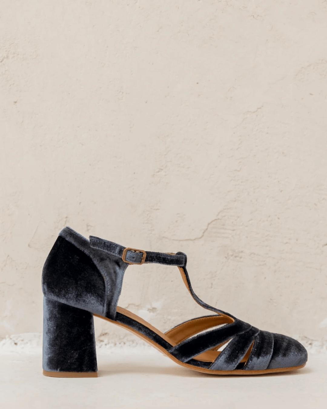 Dark gray velvet T-strap heeled sandal with buckled ankle strap
