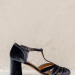 Dark gray velvet T-strap heeled sandal with buckled ankle strap