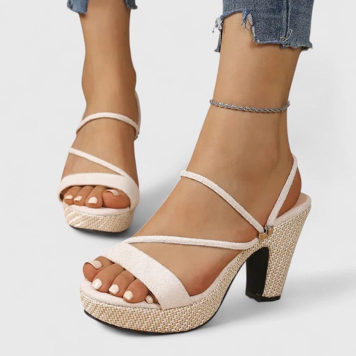 White orthopedic heeled sandals with platform sole and ankle strap, block heel