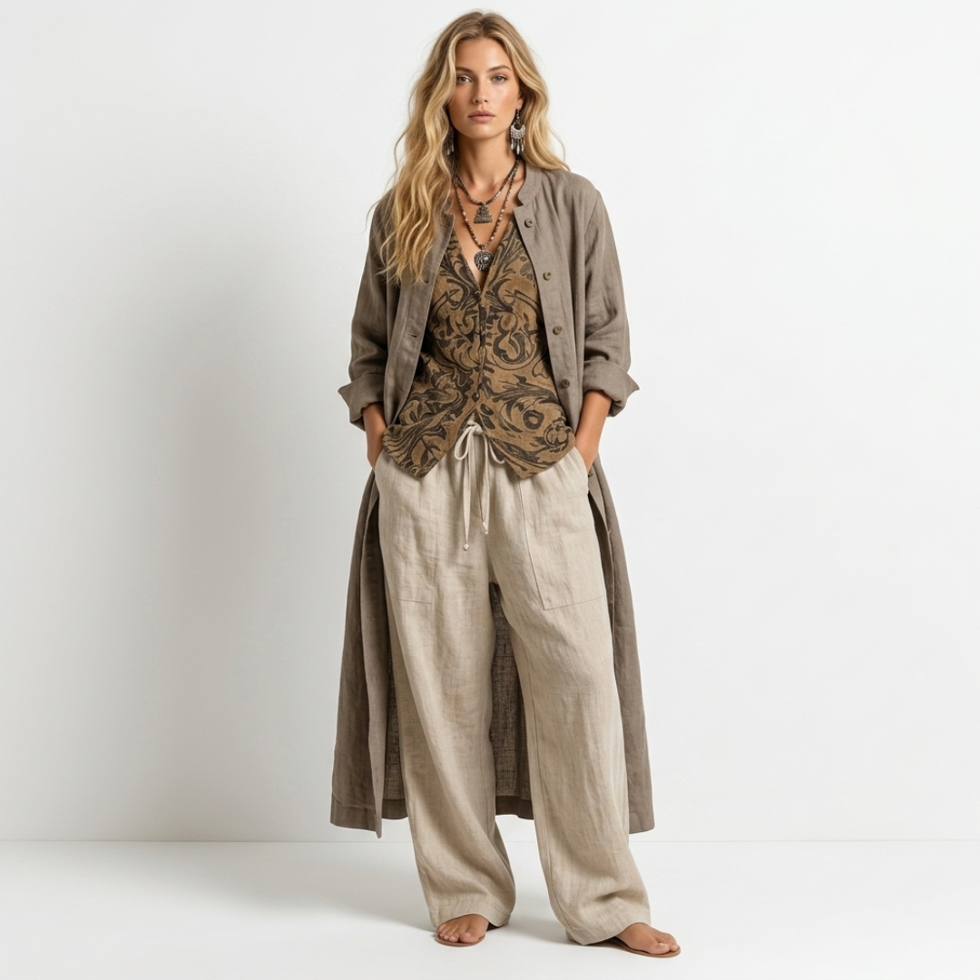 Women’s 3-piece set: patterned sleeveless top, wide-leg linen pants, long olive kimono
