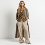 Women’s 3-piece set: patterned sleeveless top, wide-leg linen pants, long olive kimono