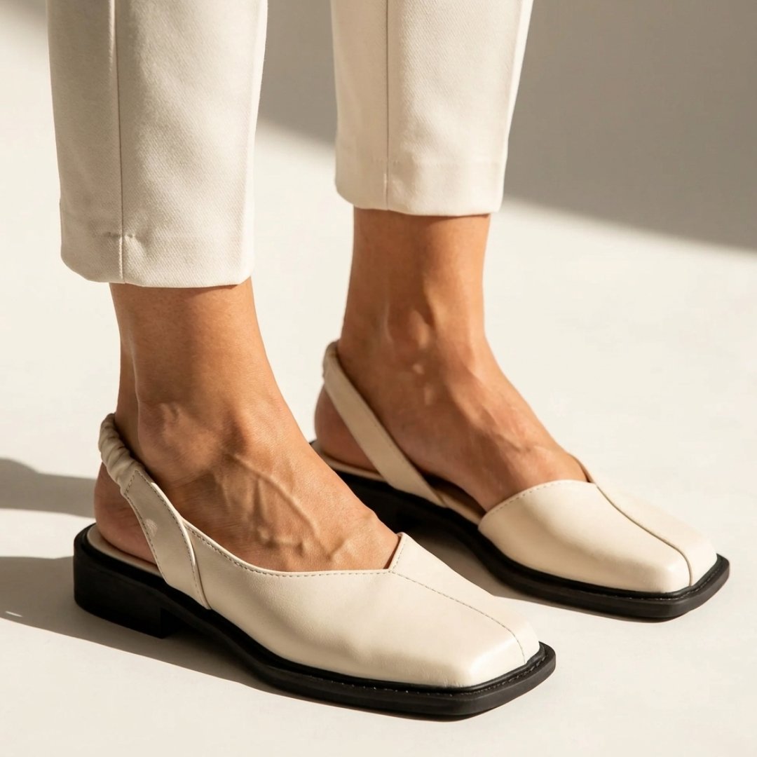 Emanuela square-toe moccasin loafers in beige with black sole and low heel