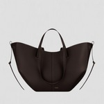 Large dark brown tote bag with top handles and side loop straps, curved open shape