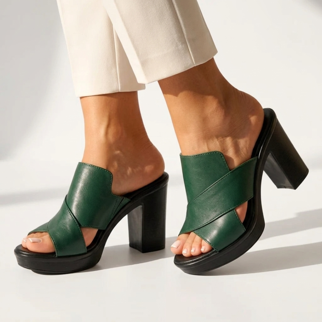 Comfort heeled slide sandals, green leather with black chunky heel and open toe