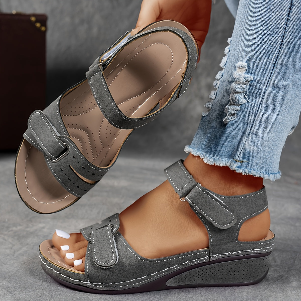 Gray orthopedic comfort sandals with hook-and-loop straps and cushioned wedge sole