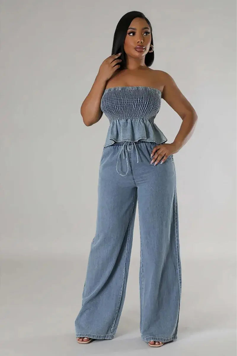 Light blue strapless smocked peplum denim top with wide-leg matching trousers set