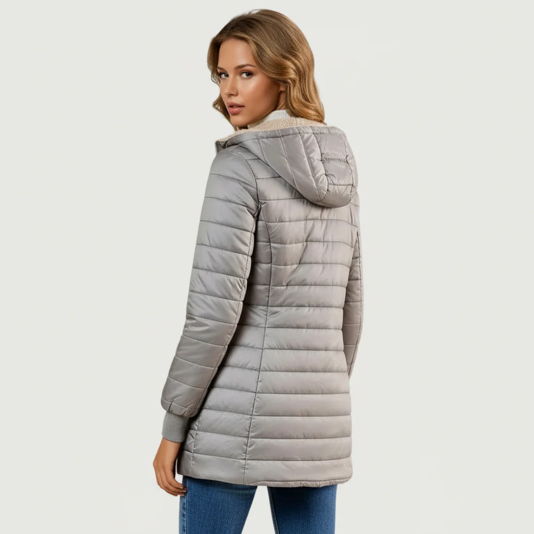 Puffy winter coat in light gray, quilted puffer with hood and covered zip