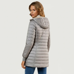 Puffy winter coat in light gray, quilted puffer with hood and covered zip