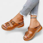 Pain-Free Support sandals in brown with two buckles and perforated upper on a platform sole