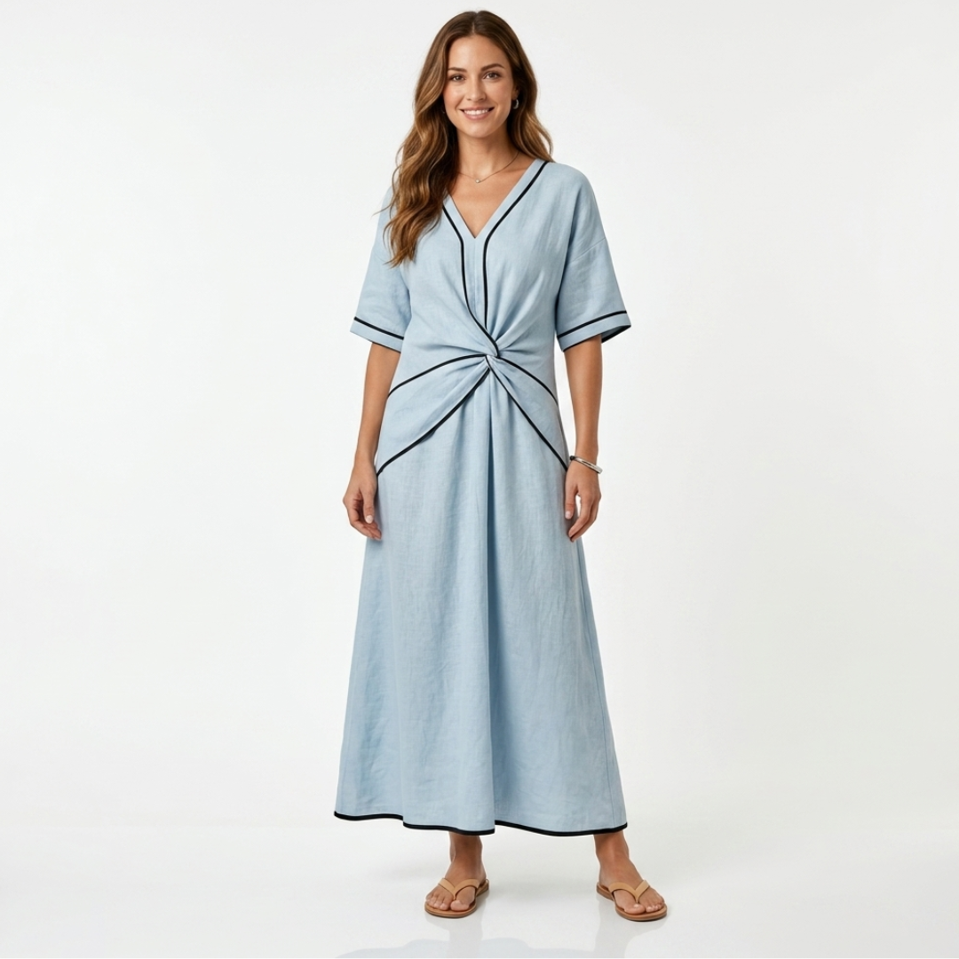 Blue sculpted-waist maxi dress with V-neck, short sleeves, and tied waist knot.