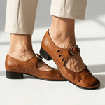 Leni high heel shoes in brown leather-look, ankle strap with round buckle, cutout detail