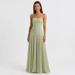 Sage green strapless maxi dress with pleated, gathered skirt