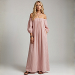 Pink vertical striped off-shoulder maxi dress with gathered bodice and puff sleeves