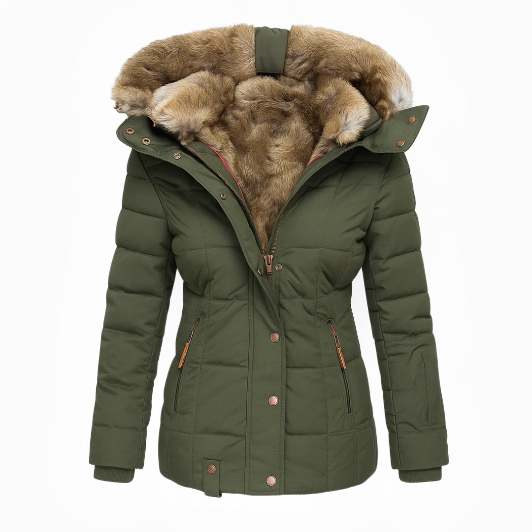 Women's winter puffer jacket, olive green with tan faux-fur hood