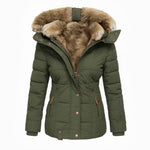 Women's winter puffer jacket, olive green with tan faux-fur hood
