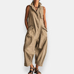 Beige sleeveless jumpsuit with button front and oversized cargo pockets