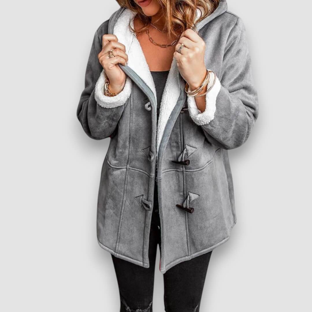 Gray hooded winter jacket with soft sherpa lining, toggle front, and sherpa-trim cuffs