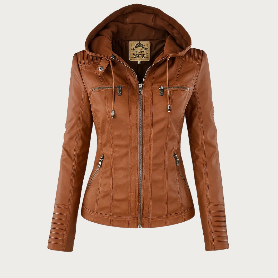 Camel brown faux-leather biker hoodie jacket with front zipper and chest pockets