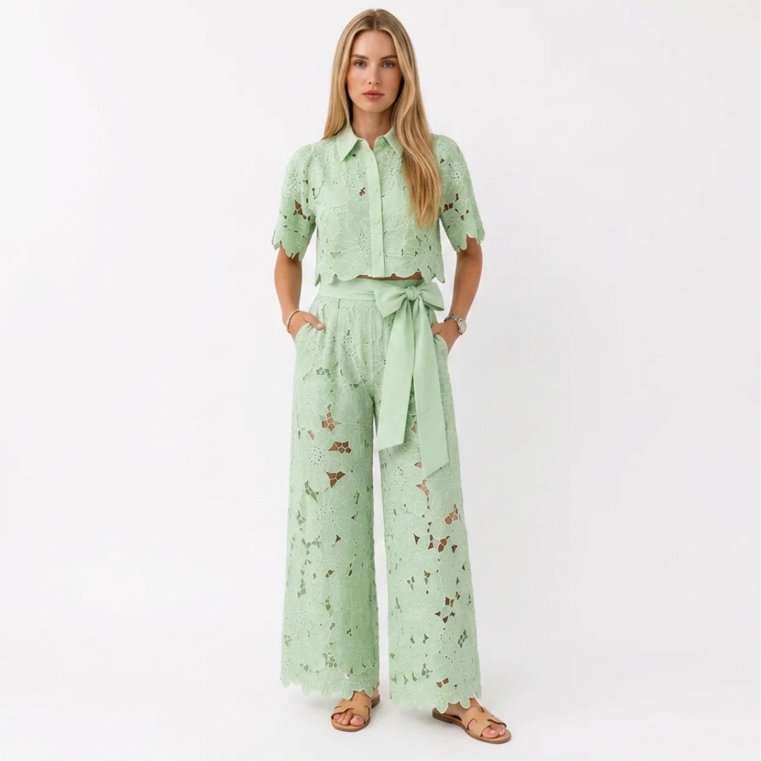 Mint green lace two-piece set with cropped short-sleeve jacket and wide-leg pants