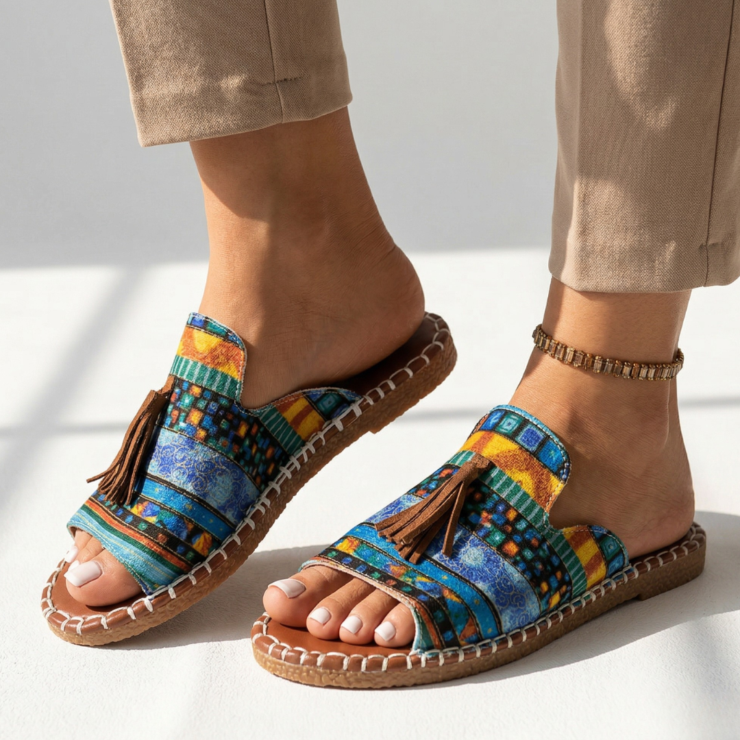 Platform slide sandals with bright multicolor patterned fabric straps, open toe, tassel detail