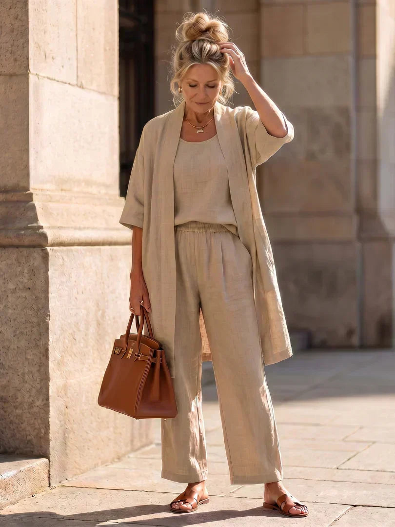 Lightweight lingerie set in beige: scoop-neck top, wide-leg pants, short robe