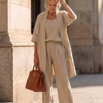 Lightweight lingerie set in beige: scoop-neck top, wide-leg pants, short robe