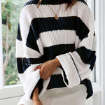 Women’s winter striped knit sweater in white and black, crew neck, long sleeves