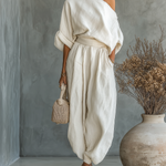 Selene cream one-shoulder draped top with gathered waist and balloon pants set