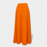 Orange midi skirt with pleated panels and wide waistband (back view)