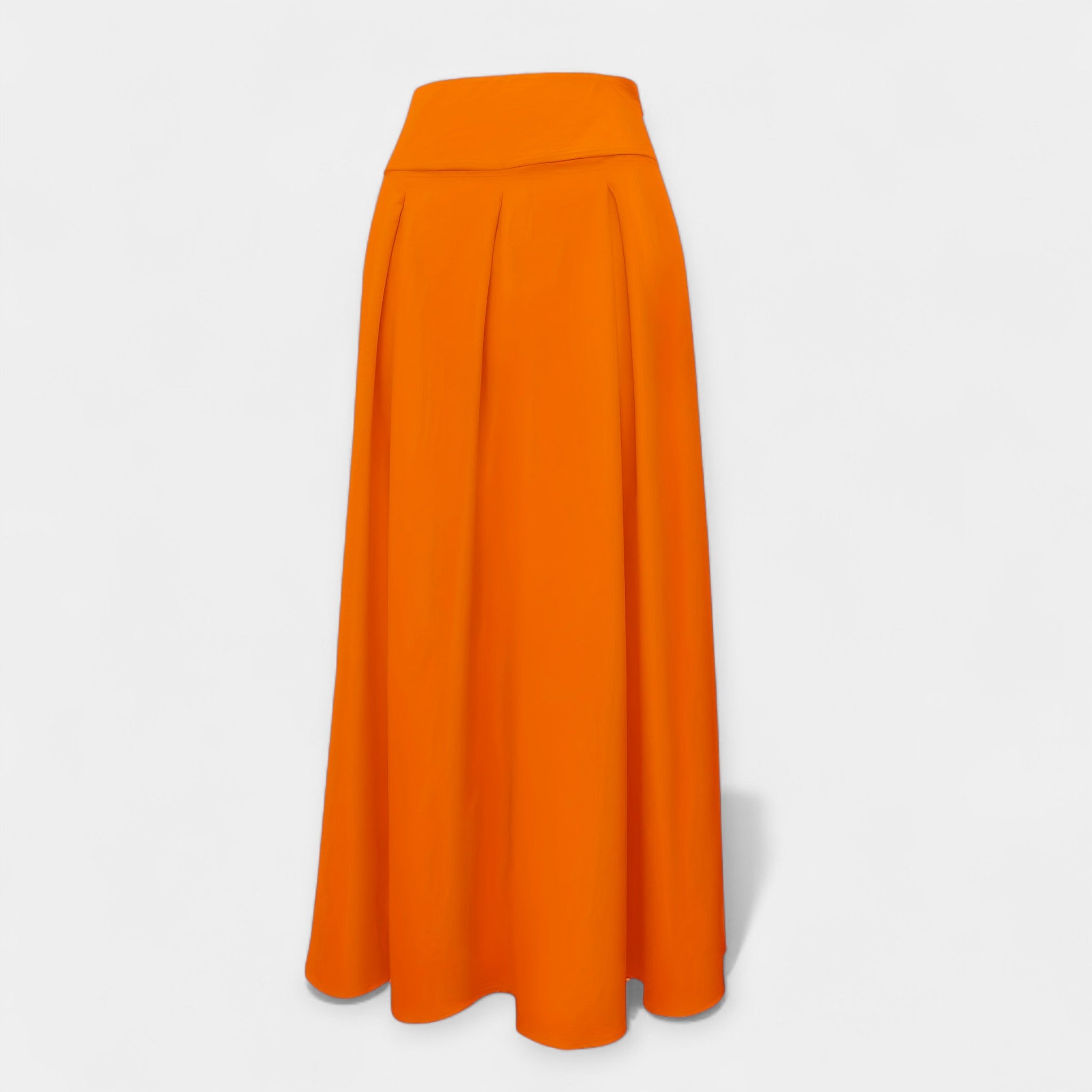 Orange midi skirt with pleated panels and wide waistband (back view)