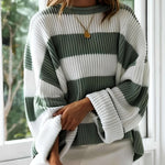 Women’s winter striped knit sweater in white and dark green, crew neck, long sleeves
