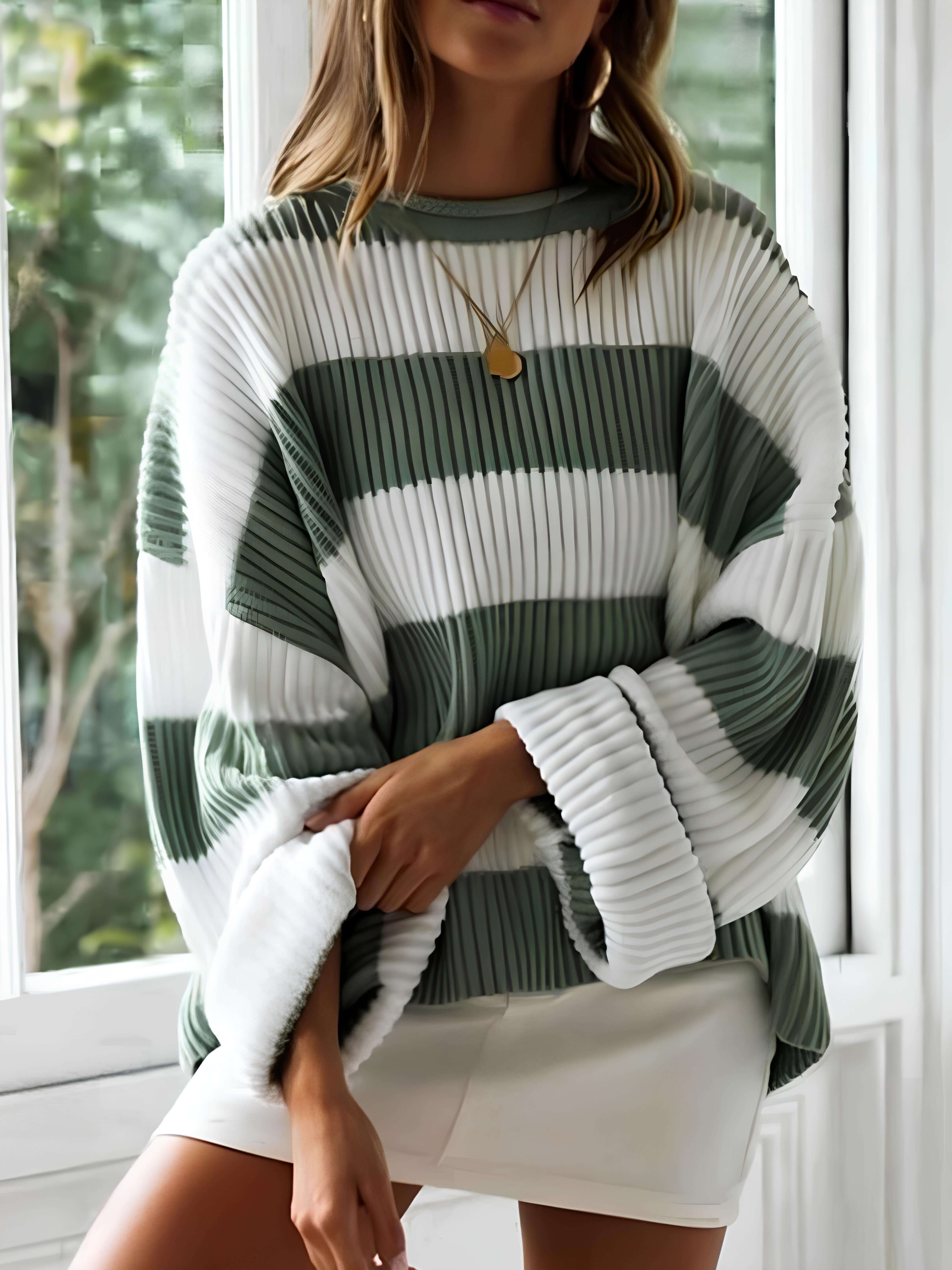 Women’s winter striped knit sweater in white and dark green, crew neck, long sleeves