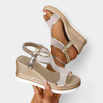 Women’s orthopedic platform sandals, beige mesh with gold straps, open toe, ankle strap