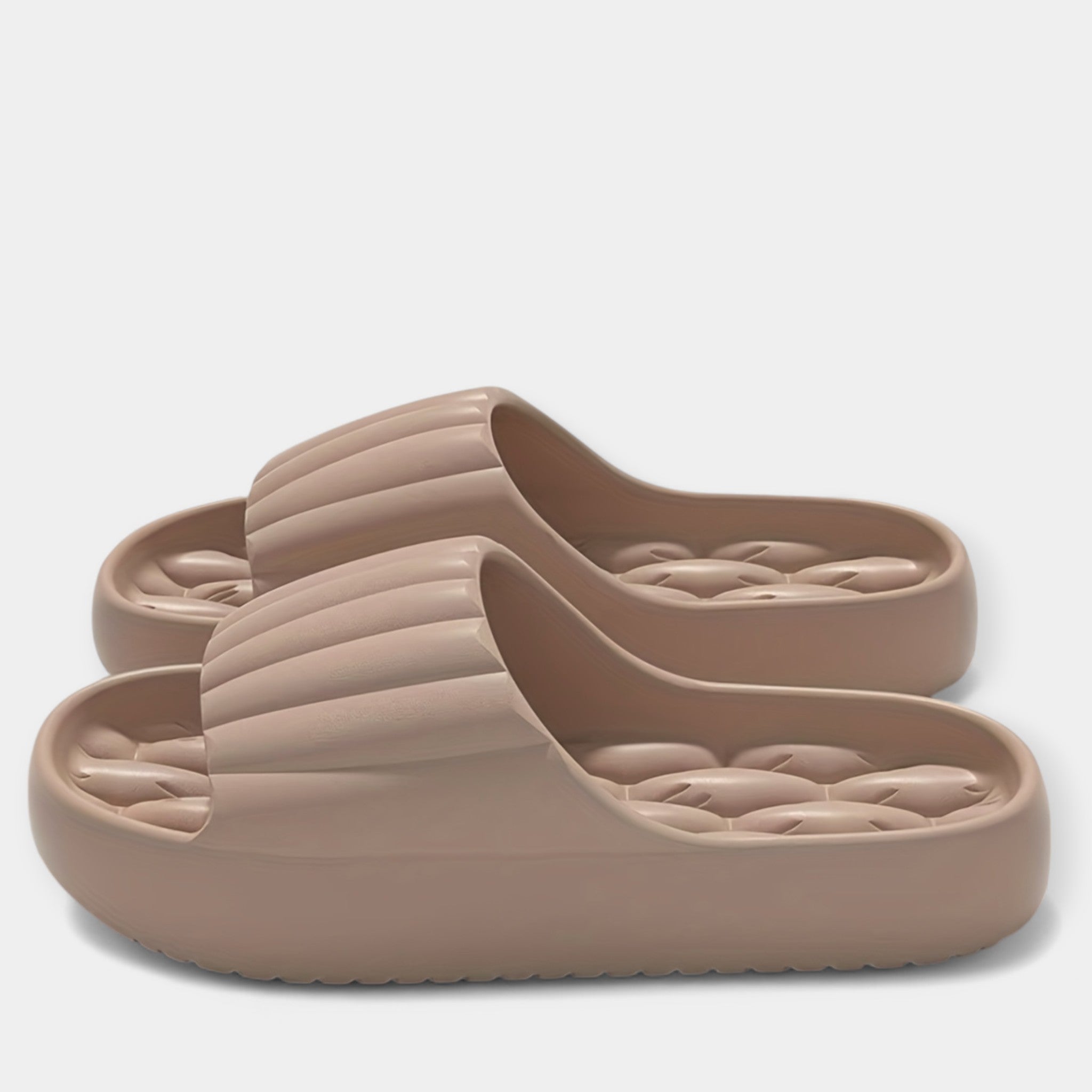 All-season slippers, beige molded slip-on slides with textured footbed and wide strap