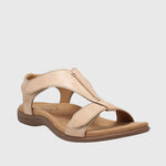 Beige orthopedic sandals with open toe, cushioned footbed, and two padded straps
