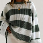 Women’s winter striped knit sweater in white and dark green, crew neck, long sleeves