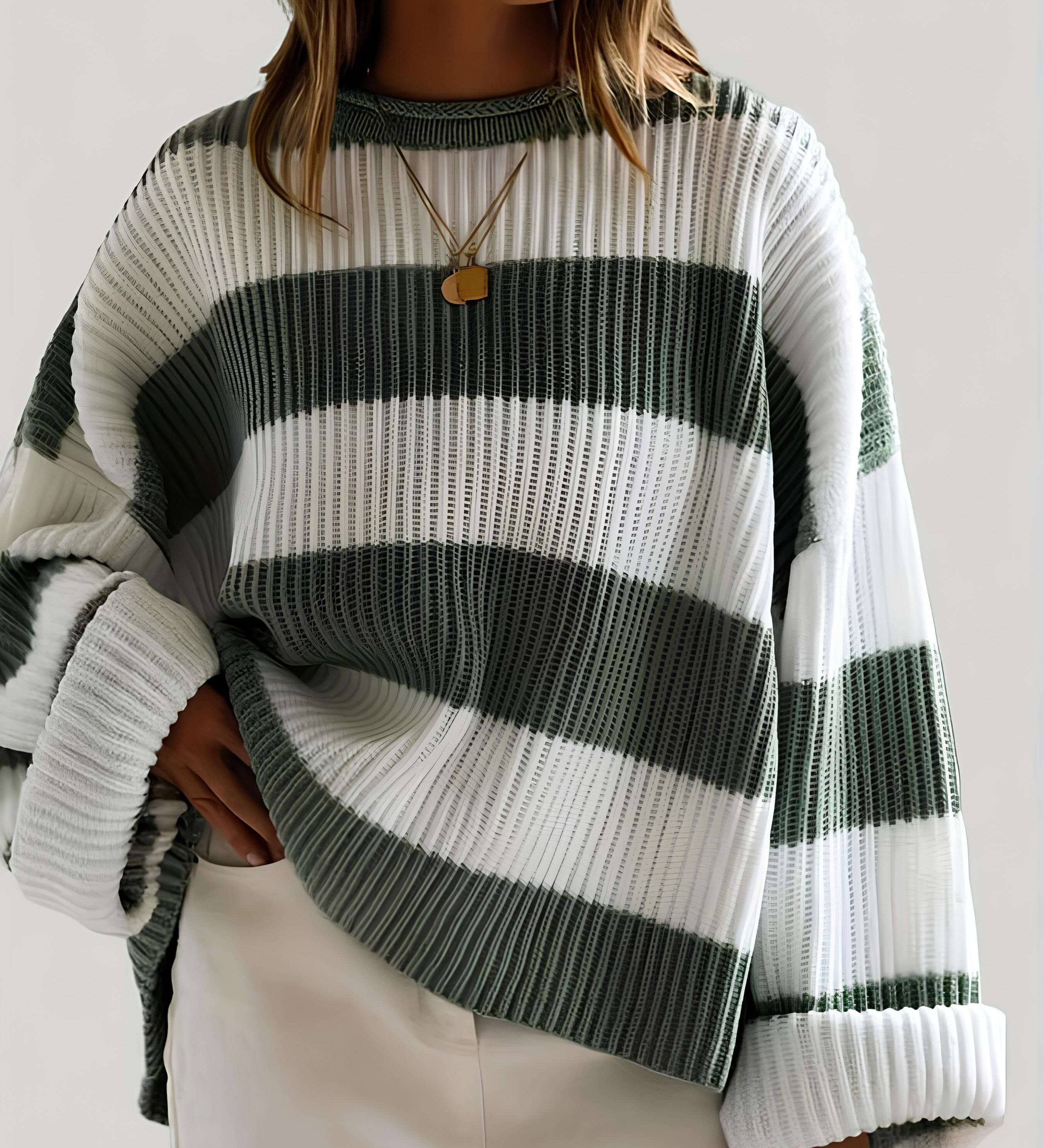 Women’s winter striped knit sweater in white and dark green, crew neck, long sleeves