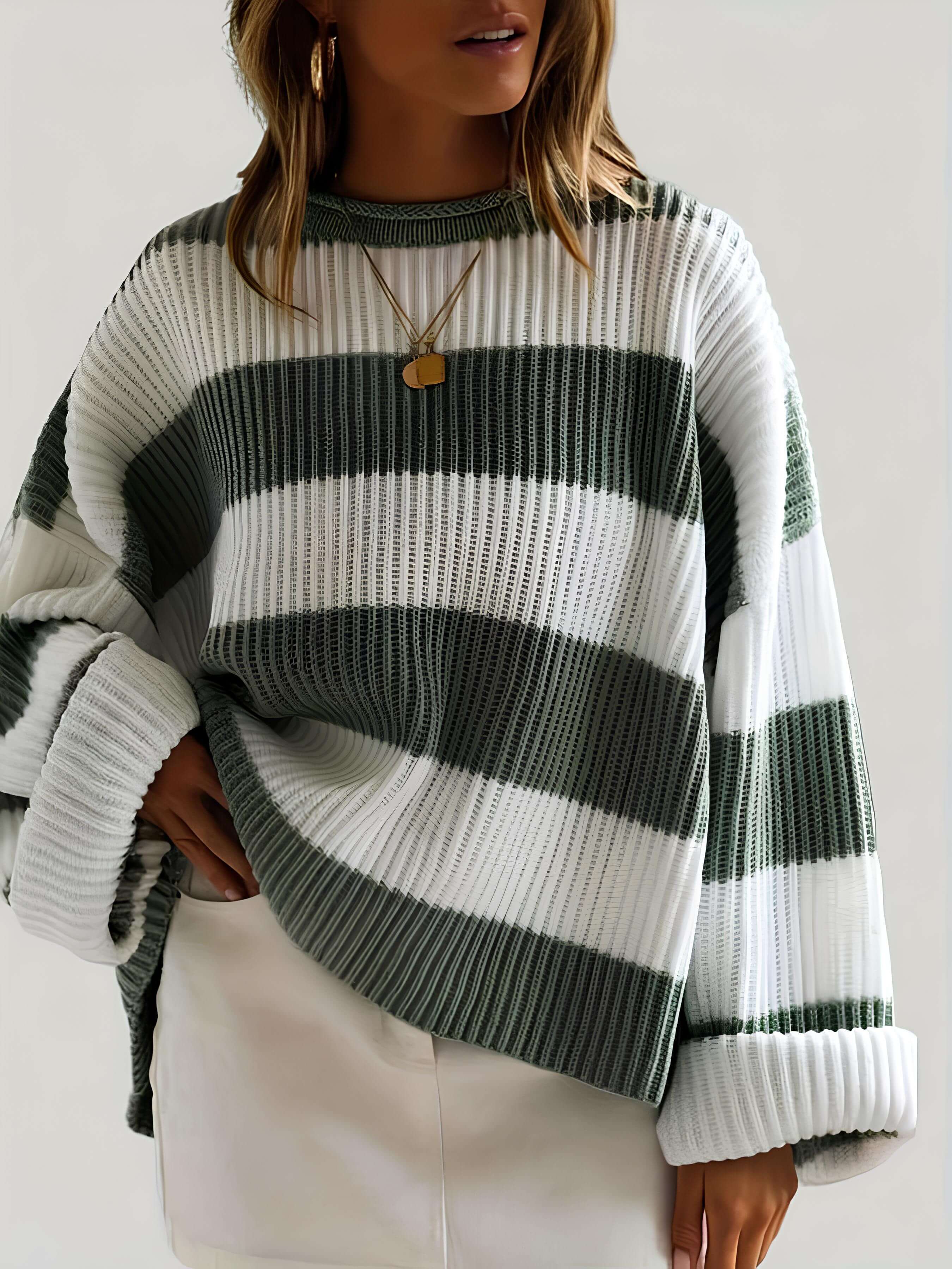 Women’s winter striped knit sweater in white and dark green, crew neck, long sleeves
