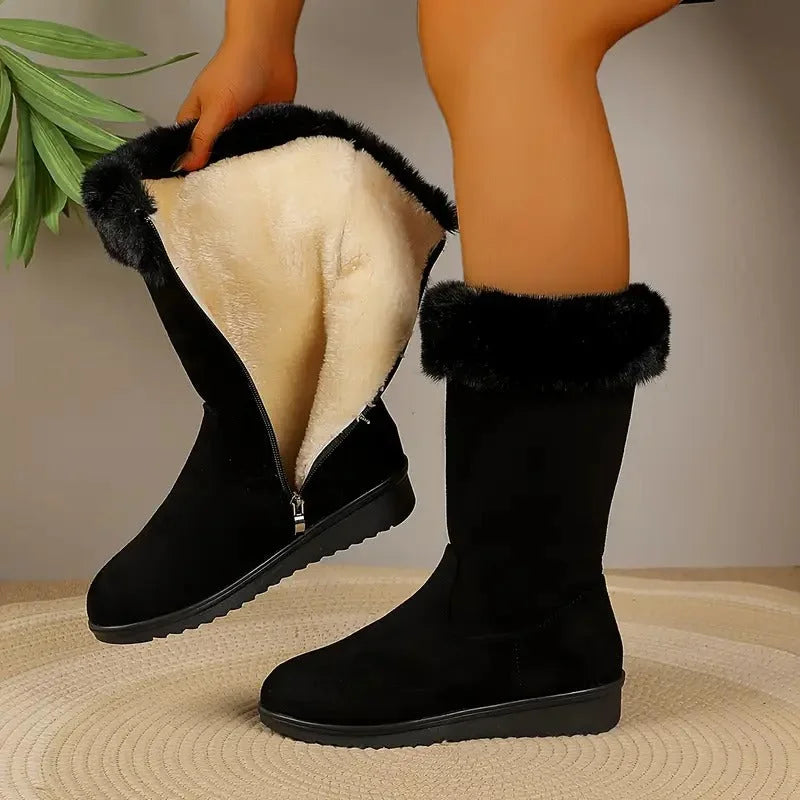 Women's black tall winter boots with faux-fur top and side zipper