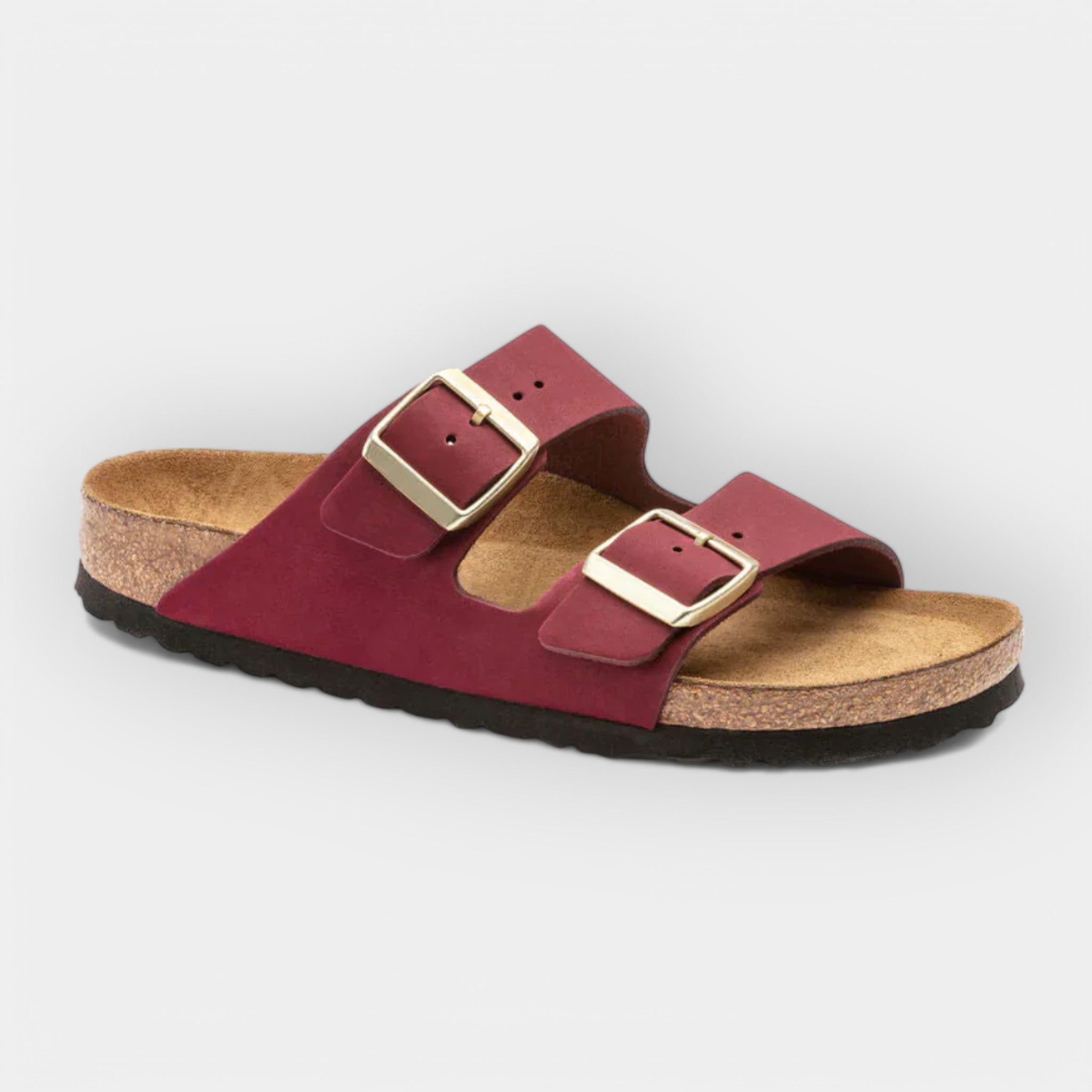 Light summer sandals in bright red with two adjustable buckle straps and cork footbed