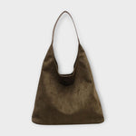 Suede hobo-style handbag, olive-brown with top handle and curved opening