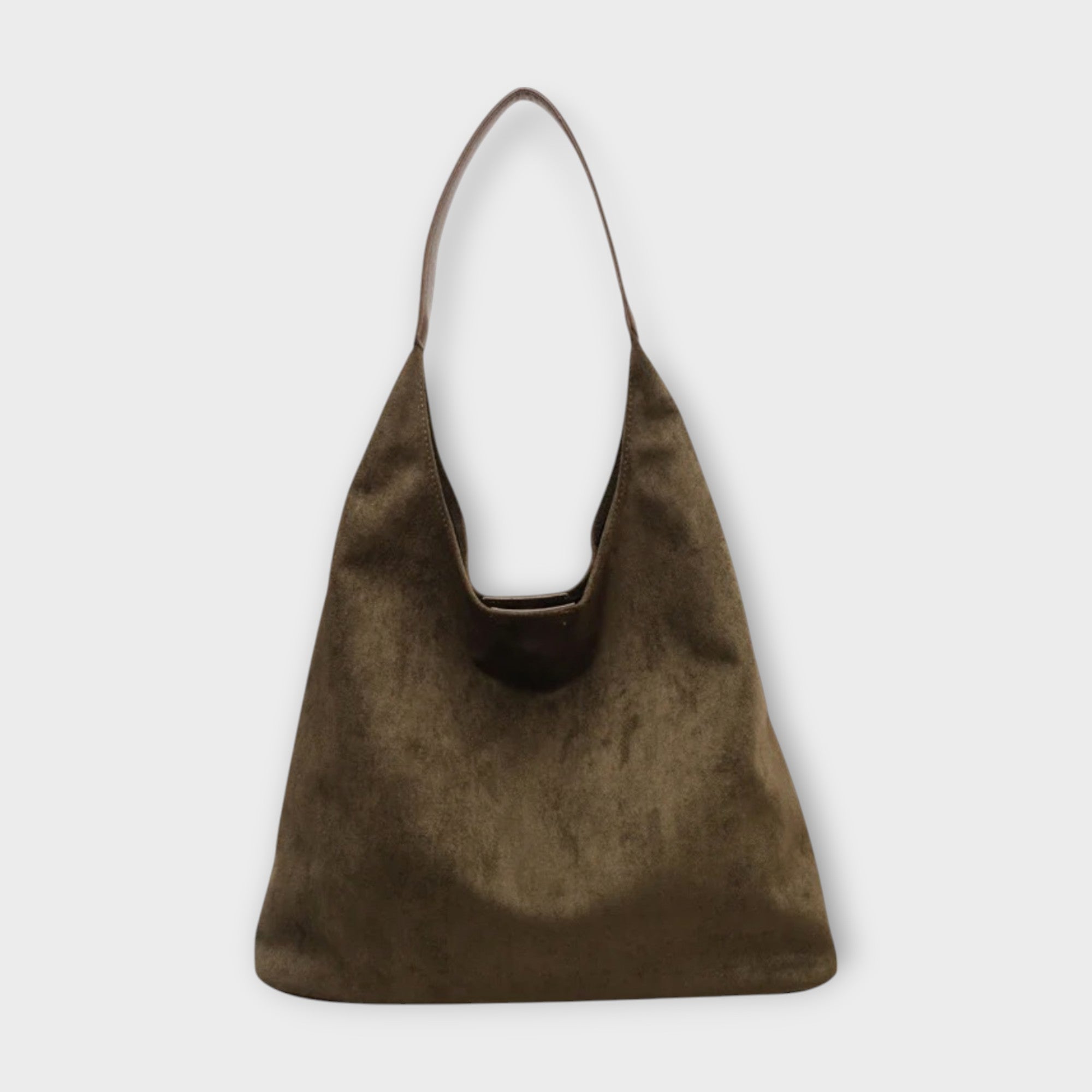 Suede hobo-style handbag, olive-brown with top handle and curved opening