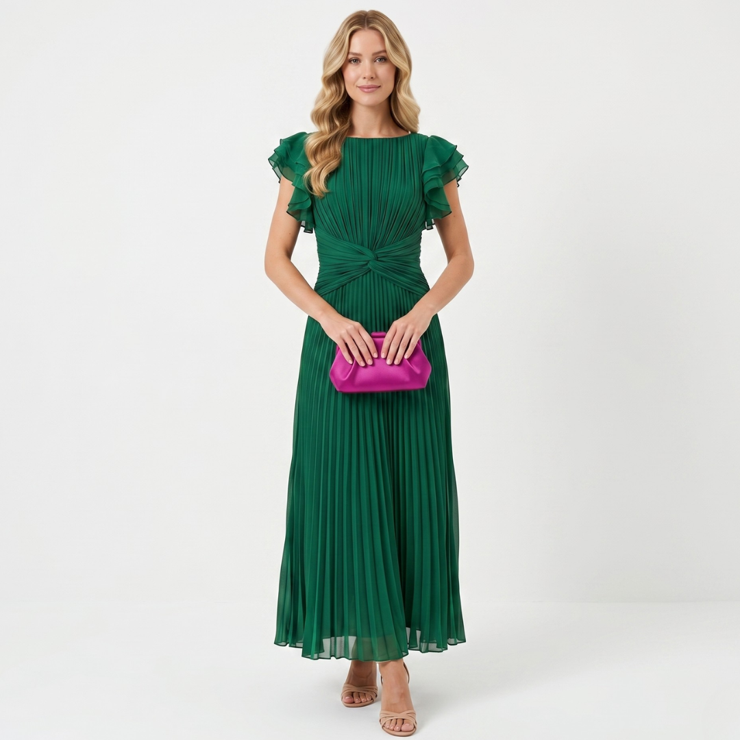Delia pleated midi dress in emerald green, ruffled cap sleeves and gathered waist