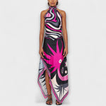 Halter top and asymmetric midi skirt set in black with pink and white abstract print, sleeveless