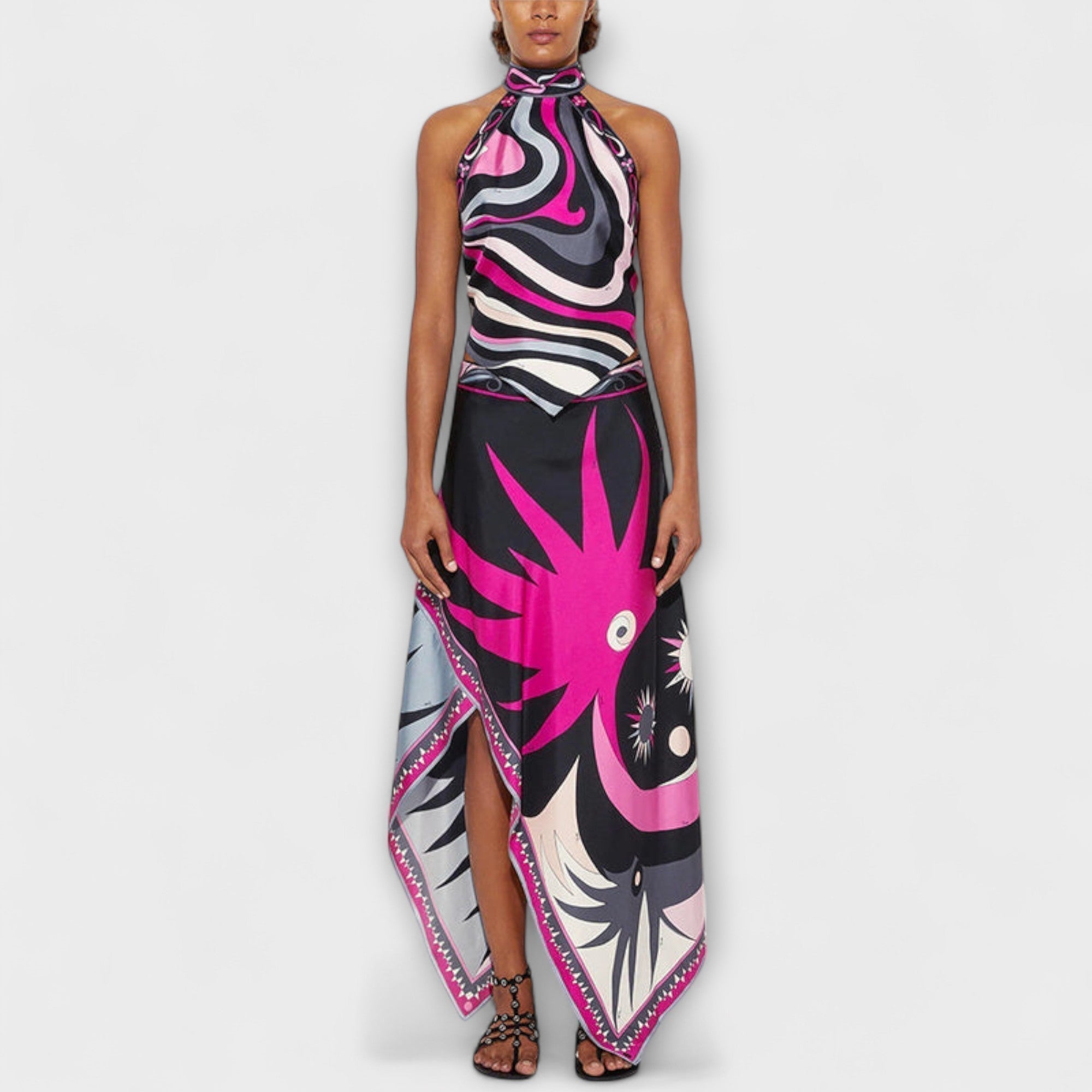 Halter top and asymmetric midi skirt set in black with pink and white abstract print, sleeveless