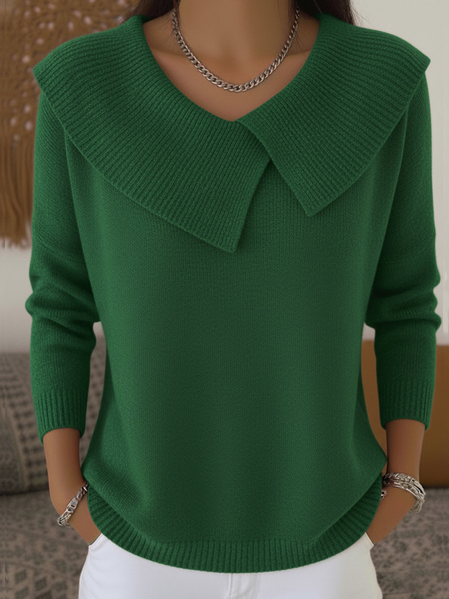 Green knit sweater with soft fold-over collar and V-neck, long sleeves