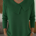 Green knit sweater with soft fold-over collar and V-neck, long sleeves