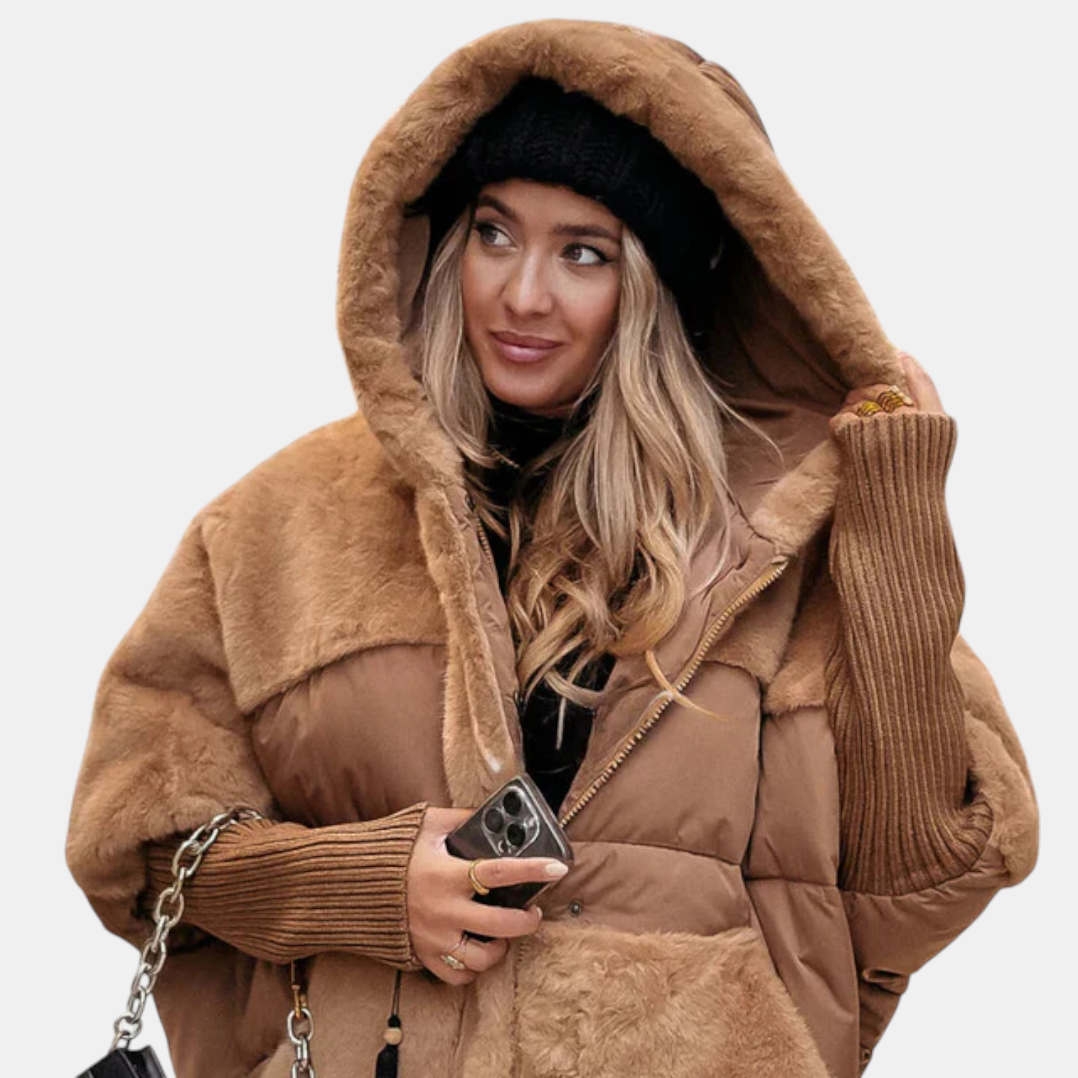 Tan quilted hooded jacket with patchwork design, front buttons, and ribbed cuffs