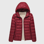 Lightweight puffer jacket with hood, maroon, full-zip front and quilted panels